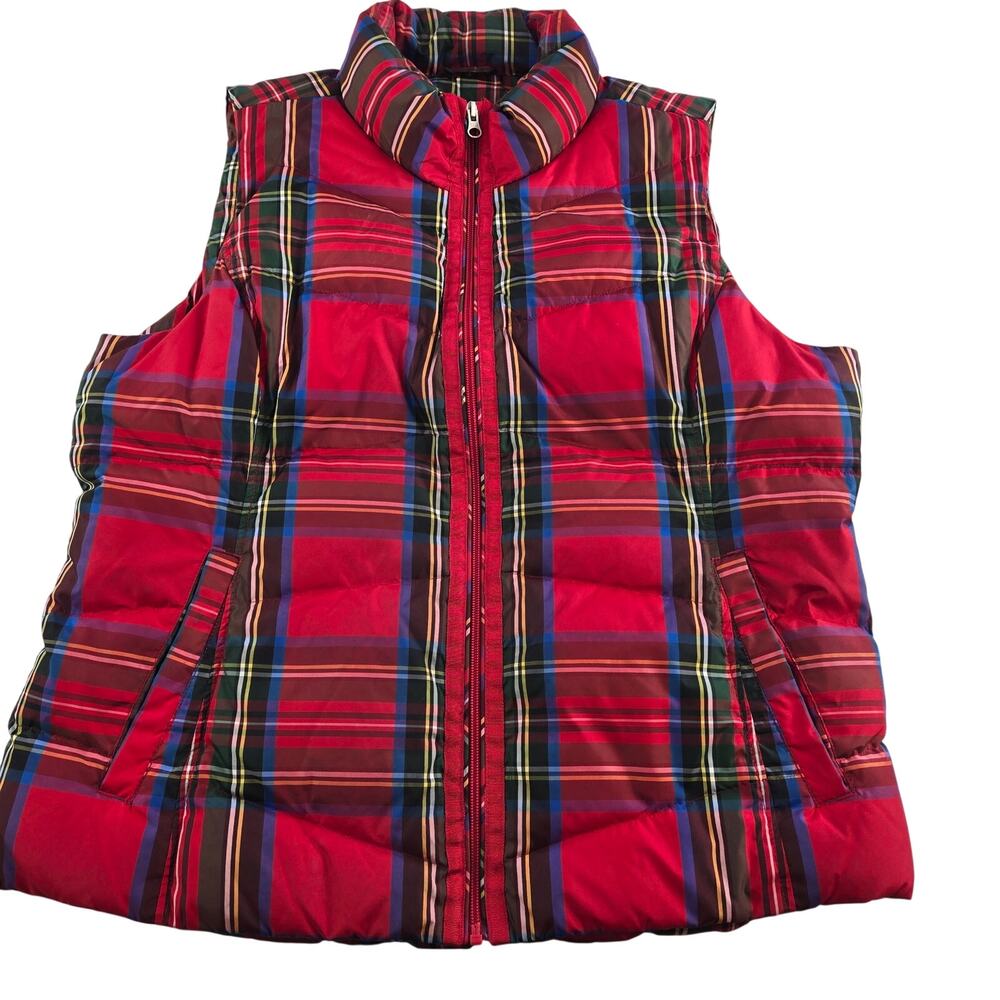 Lands' End Down Puffer Vest Red Plaid Women's Large Sleeveless Outdoor Holiday